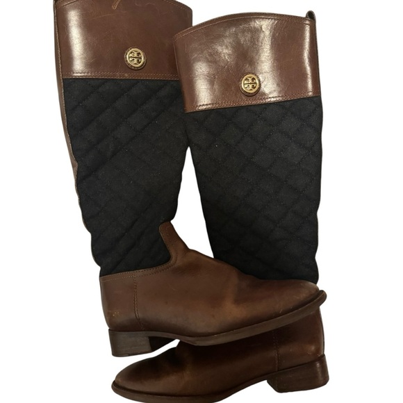 Tory Burch Rosalie brown leather quilted tall riding boots 6 - Picture 7 of 10